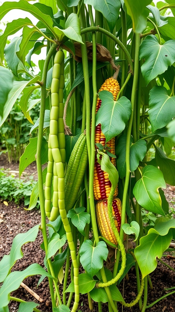 Beans growing on corn plants as part of a companion planting setup.