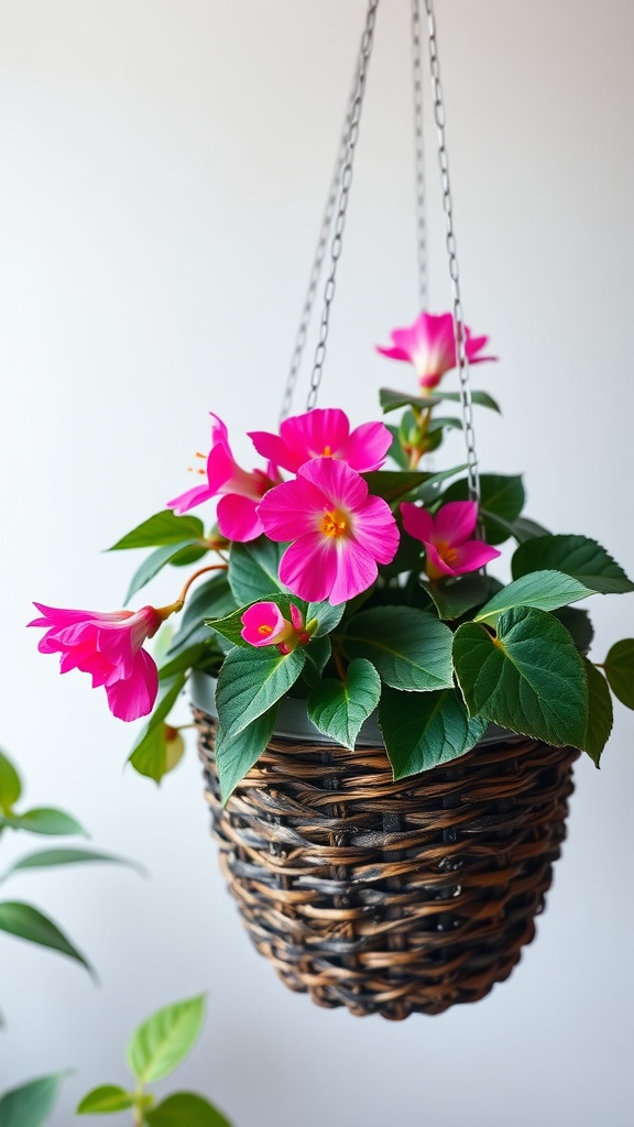 Hanging basket with pink Begonia flowers