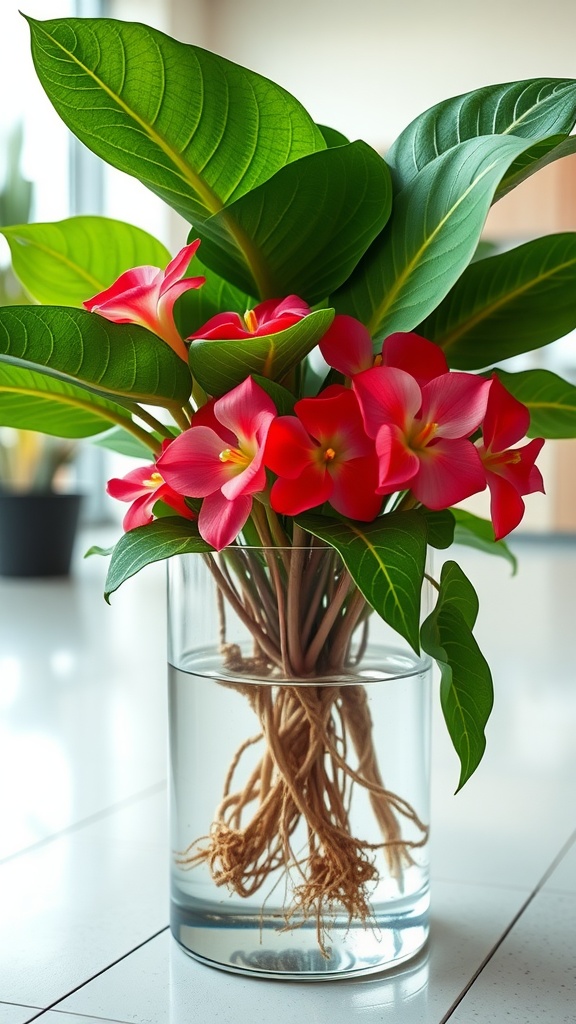 A vibrant arrangement of pink begonia flowers with lush green leaves in a clear water vase, showing the roots beneath.