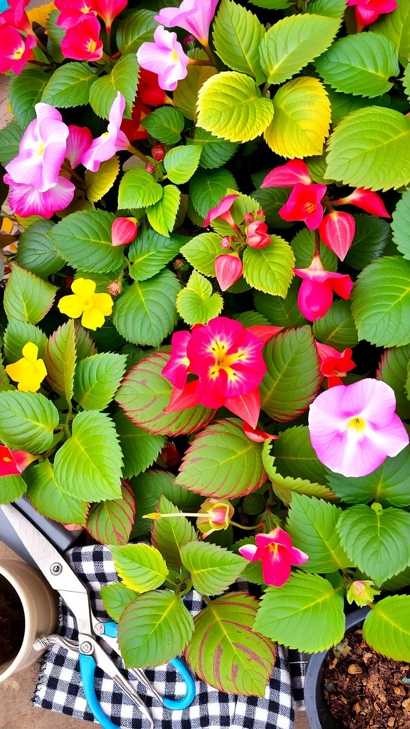 Vibrant begonias with various colored flowers and leaves, scissors and a pot with soil in the foreground.