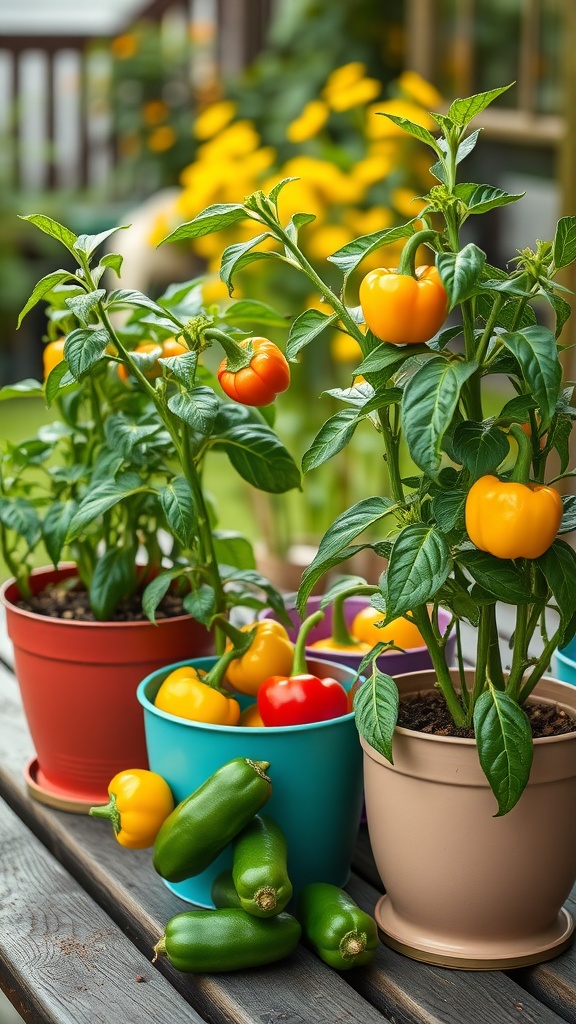 Colorful potted bell pepper plants with ripe peppers in various colors