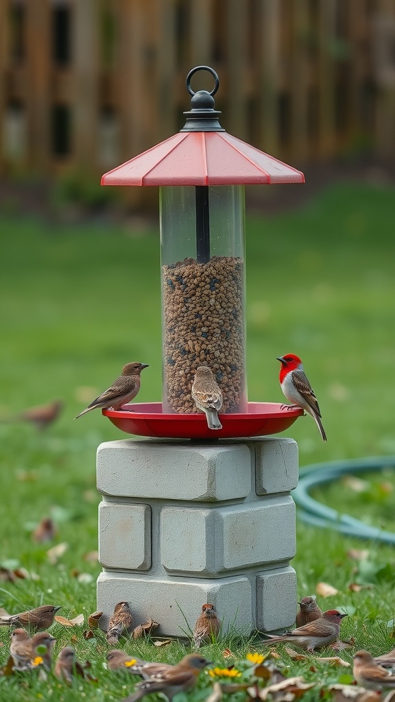 Bird feeder on a cinder block base with birds gathering around