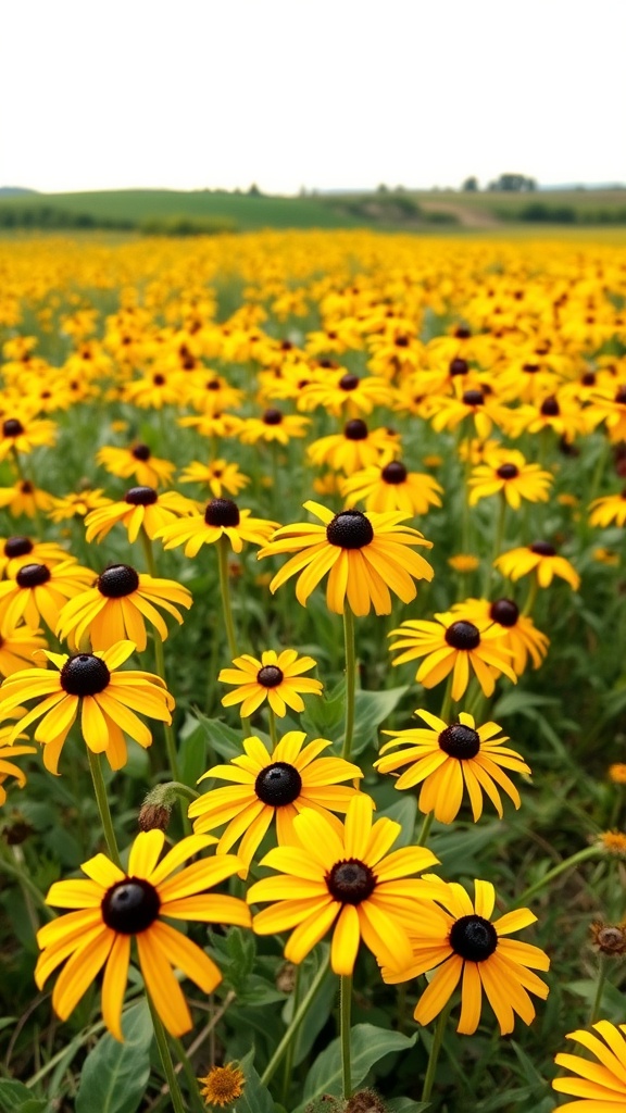 Field of blooming Black-eyed Susan flowers with bright yellow petals and dark centers