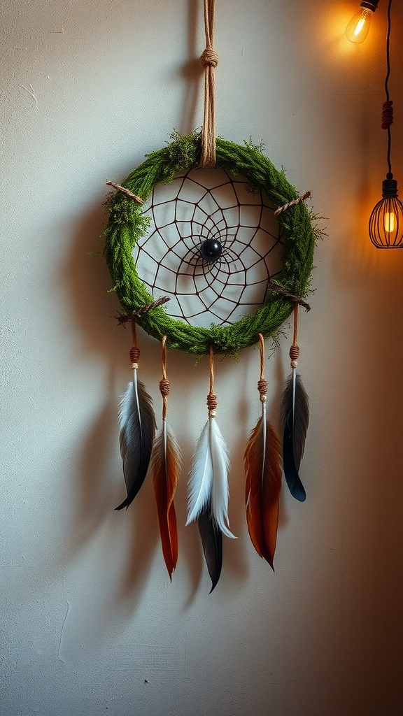 Boho-inspired moss dreamcatcher with a moss-covered circular frame and hanging feathers