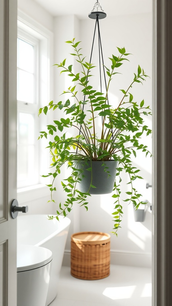 A Boston Fern hanging in a bright bathroom, showcasing lush green fronds.