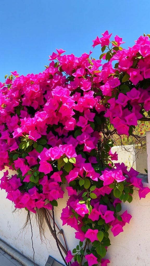 Vibrant magenta Bougainvillea flowers blooming against a clear blue sky