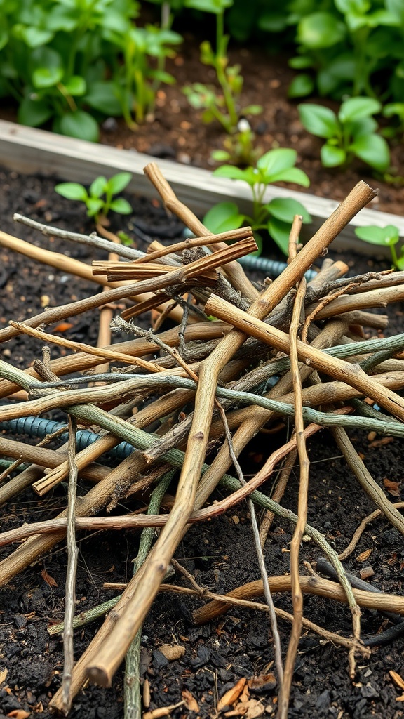 A pile of branches and twigs on soil, ideal for Hugelkultur method in raised garden beds.