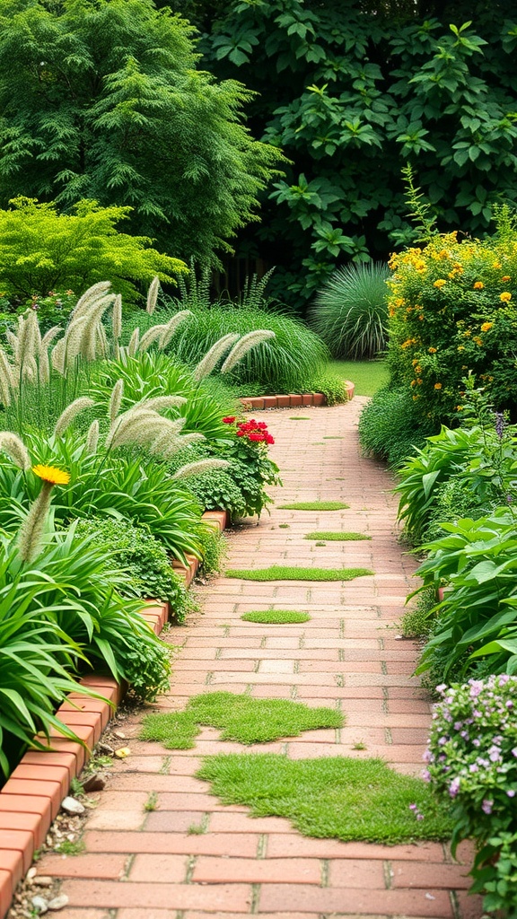 A beautiful brick pathway edged with vibrant flowers and green plants.