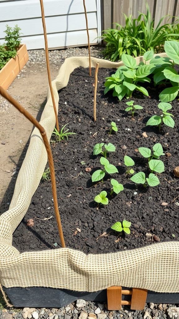 A raised garden bed lined with burlap, showcasing young plants growing in healthy soil.