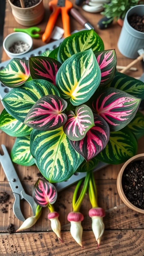 A vibrant Caladium plant with pink and green leaves surrounded by gardening tools, showcasing the process of plant propagation.