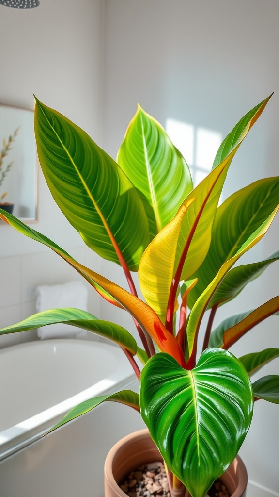 A vibrant Calathea plant with large, colorful leaves in a bathroom setting, near a bathtub.