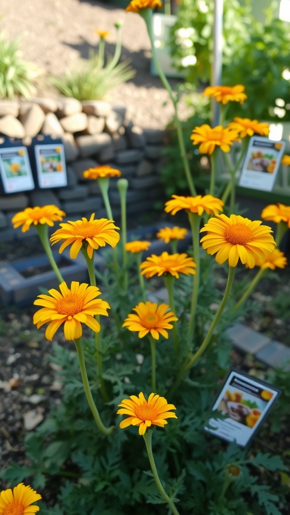 A patch of bright orange Calendula flowers in a garden with plant labels.