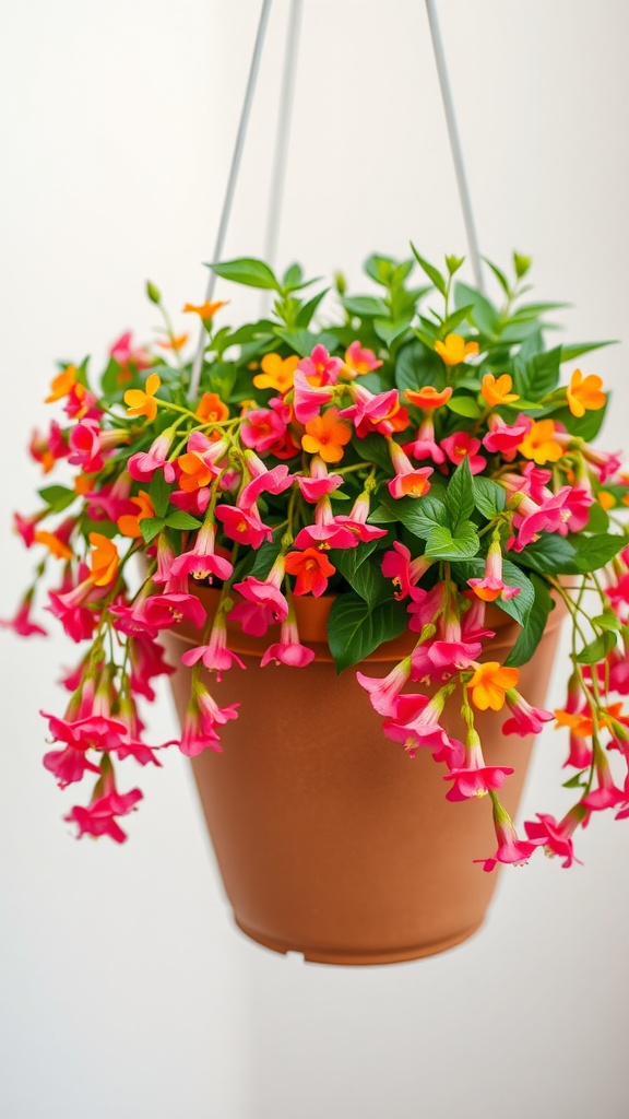 A vibrant Calibrachoa plant in a hanging basket with pink and orange flowers.