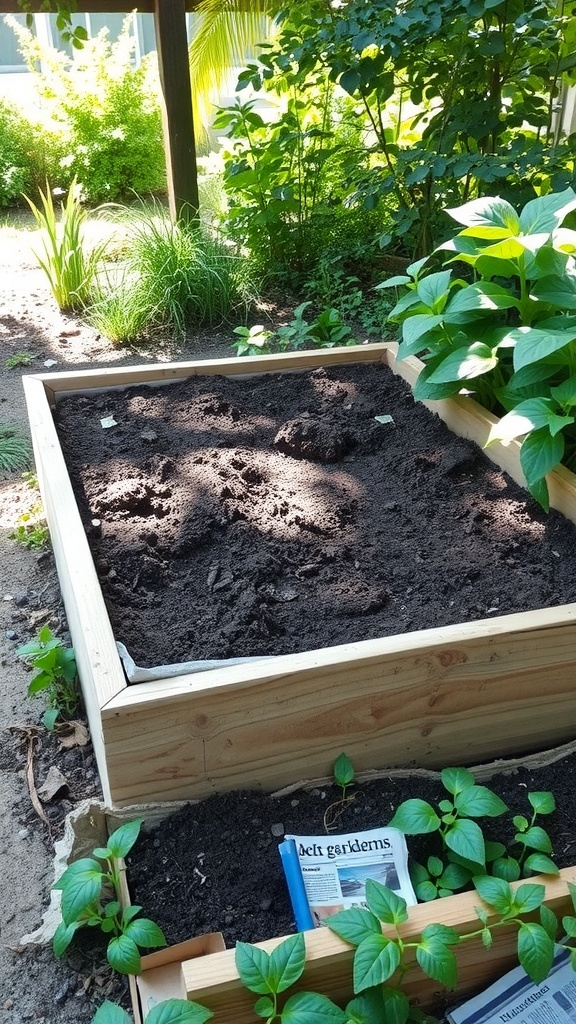 A raised garden bed filled with dark soil and surrounded by greenery, showcasing a gardening setup.