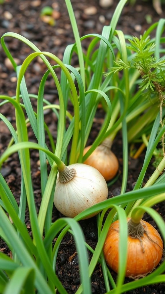 Carrots and onions growing together in a garden.