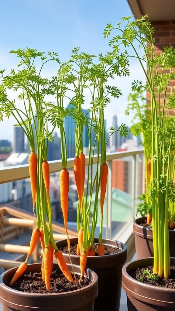 A vibrant display of carrot plants growing in deep containers on a balcony with a city skyline in the background.