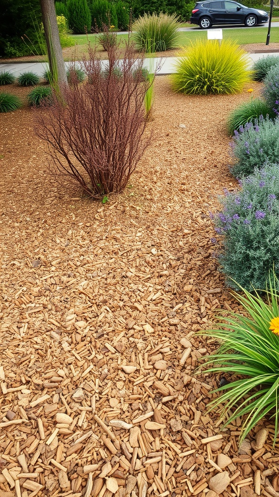 Cedar mulch as garden edging surrounding various plants.