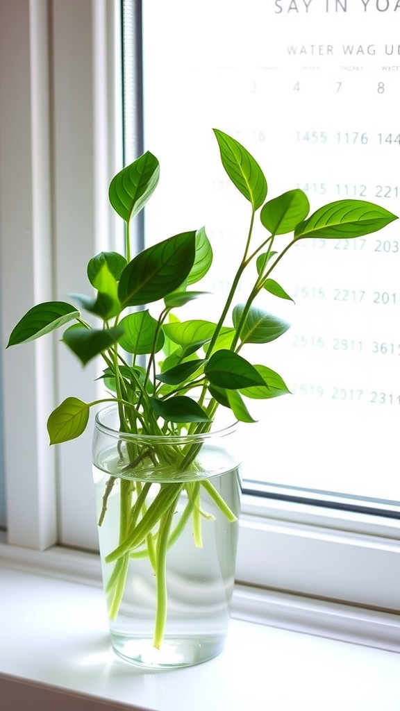 A Pothos plant cutting in a glass of water on a windowsill, showing vibrant green leaves and healthy stem.