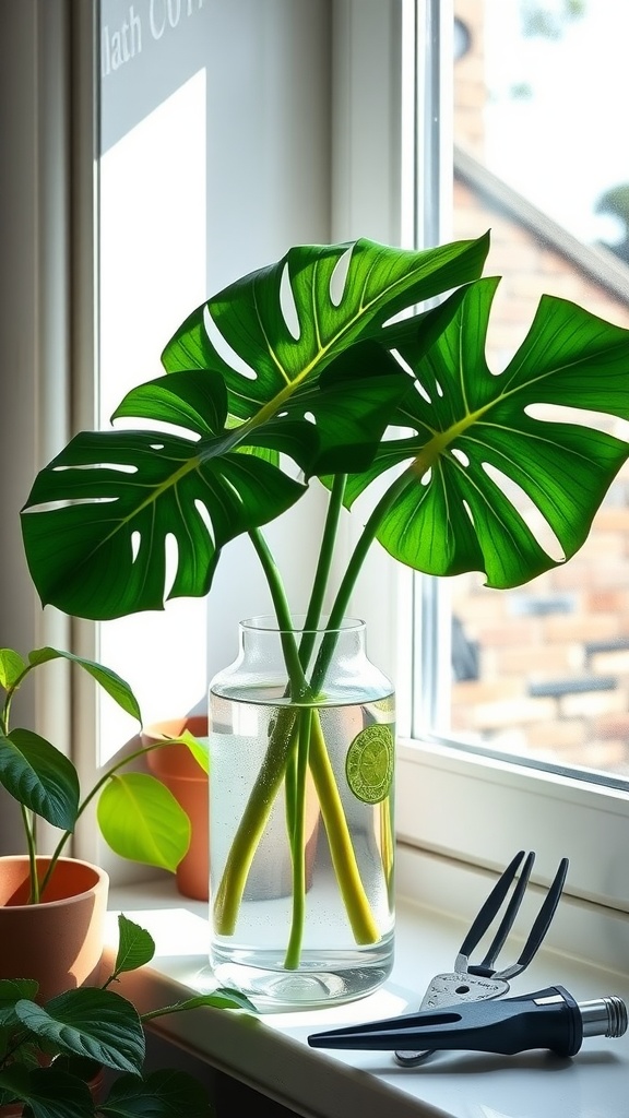 A vase with Monstera cuttings in water on a windowsill, surrounded by other plants and gardening tools.