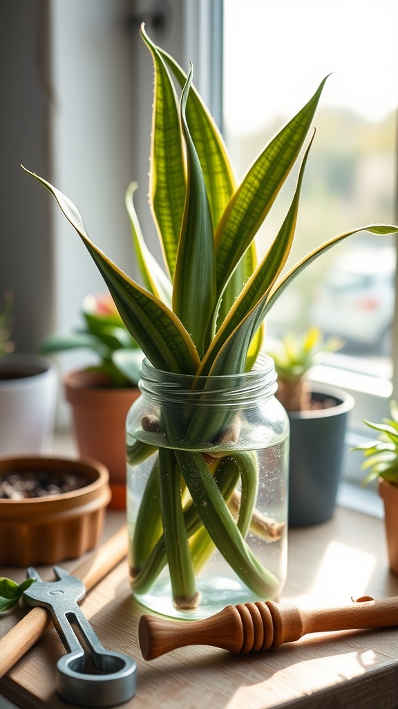 A snake plant cutting in a glass jar filled with water, placed near a window with other potted plants