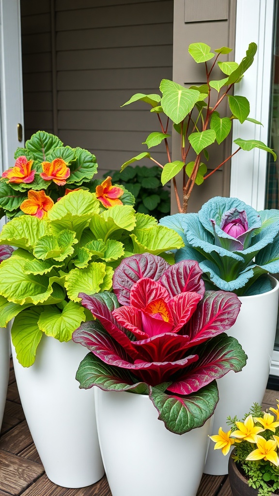 Chard and kale plants in modern containers on a patio