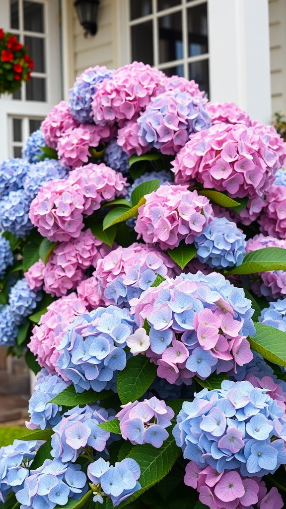 Colorful hydrangeas with blue and pink flowers in front of a house.