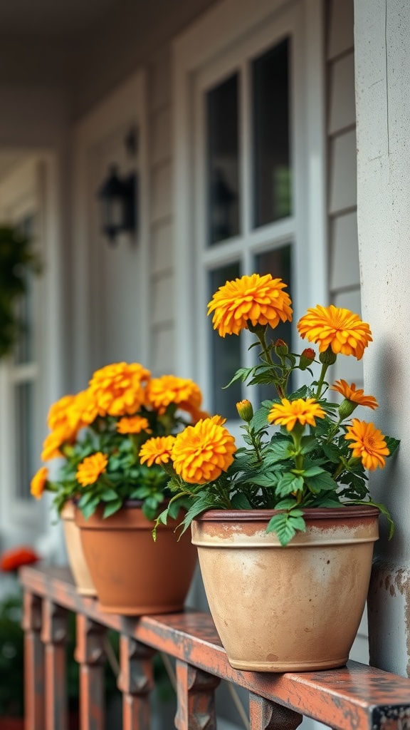 Two pots of bright marigolds on a porch railing, adding charm and color to the entrance.