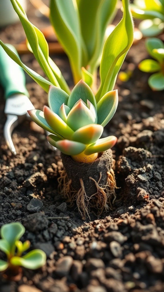 A close-up view of a succulent cutting with visible roots in soil, indicating growth during propagation.