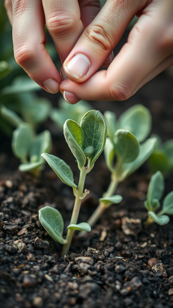A person gently tugging on a sage cutting to check for root development.