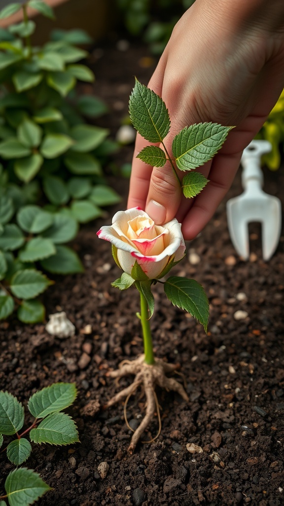 A hand checking a rose cutting in the soil for root development, showcasing green leaves and healthy soil.