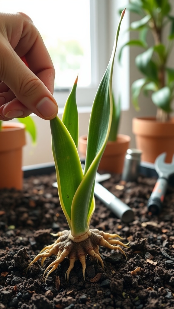 A person gently tugging on a snake plant cutting to check root development.