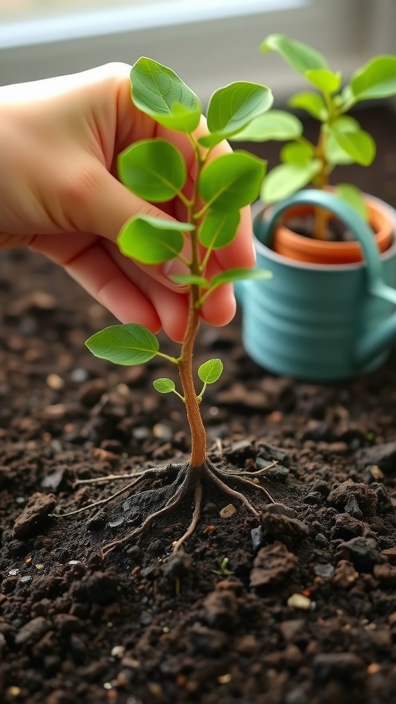 A person gently tugging on a young Money Tree cutting to check for root growth in soil.