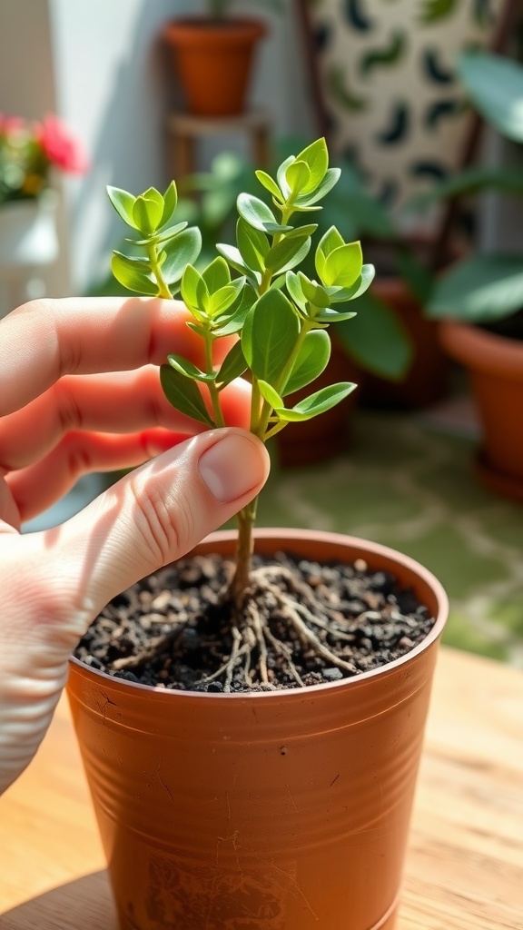 A person gently tugging on a jade plant cutting in a pot, showing healthy leaves and roots.