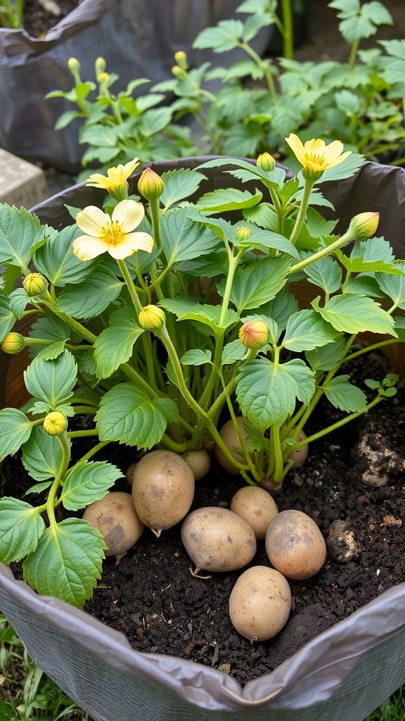 Image of a potato plant in a grow bag with yellow flowers and developing potatoes