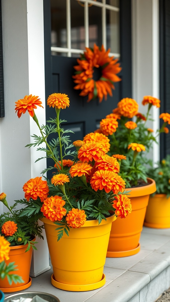 Bright orange marigolds in yellow pots on a porch