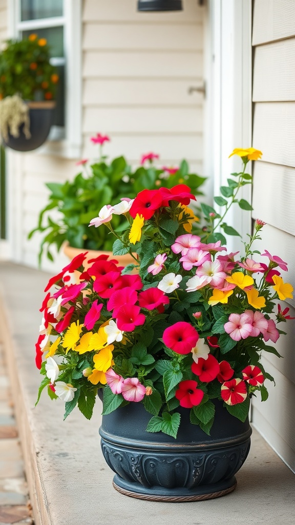 A beautiful display of colorful petunias and verbenas in a decorative pot on a porch.