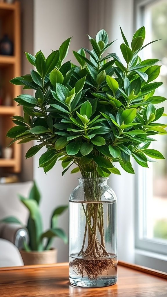 A vibrant Chinese Evergreen plant in a clear glass vase filled with water, showcasing its green leaves and healthy roots.