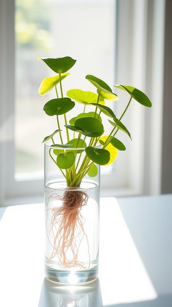 A Chinese Money Plant (Pilea Peperomioides) growing in a clear vase filled with water, displaying its green leaves and roots.