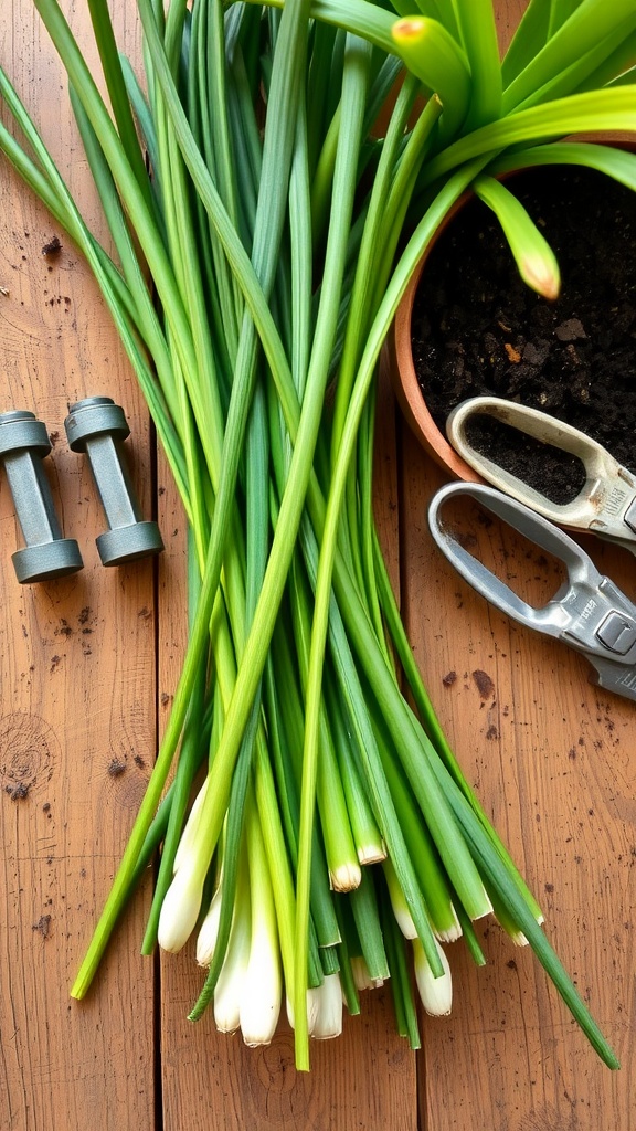 Freshly cut chives on a wooden surface, with scissors and potted plant nearby.