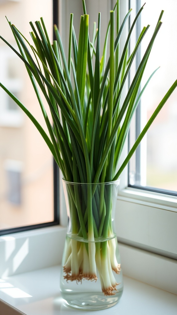 A bunch of chives growing in a clear vase by a window, showcasing their green leaves and roots.