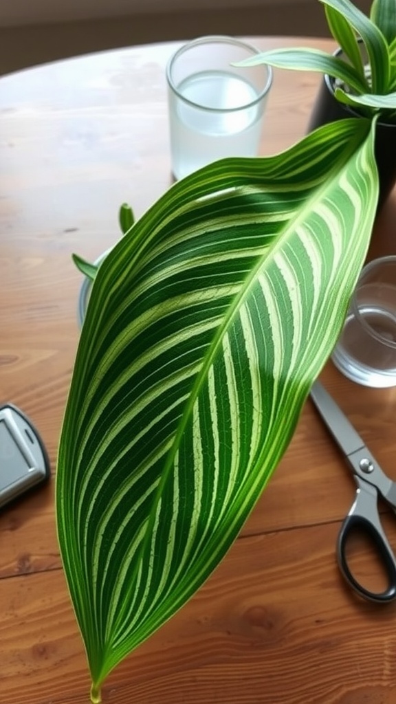 A healthy snake plant leaf with striking patterns, ready for propagation.