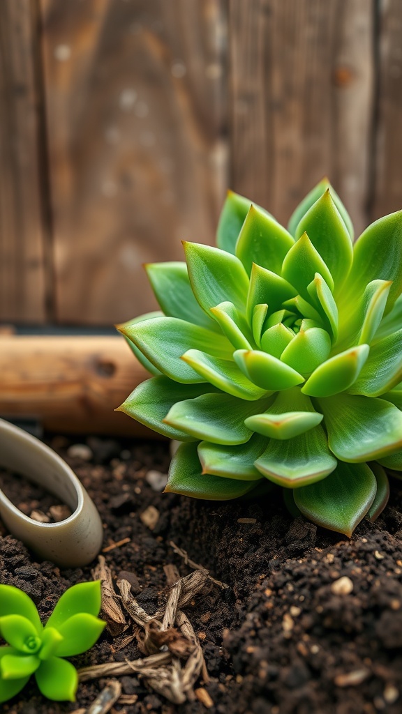 A healthy succulent in soil with gardening tools nearby