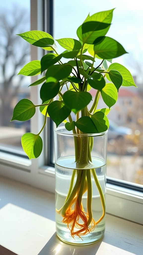 A healthy Pothos vine in a glass of water, showcasing green leaves and developing roots.