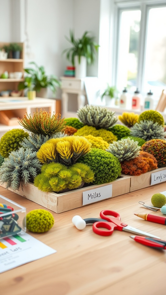 A variety of colorful moss displayed on a table, surrounded by crafting tools, showcasing options for creating moss wall art.