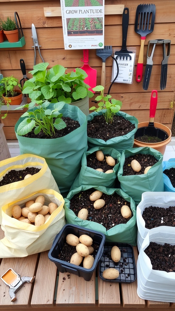 An assortment of grow bags filled with soil and potatoes, alongside gardening tools and a guidebook
