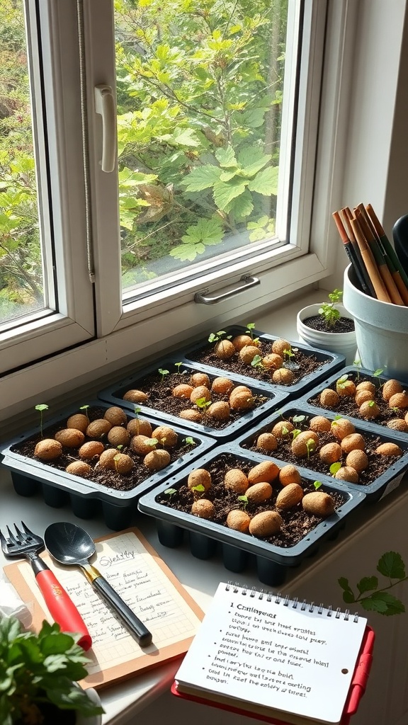 Trays of seed potatoes arranged by a window, with new sprouts emerging from the soil.