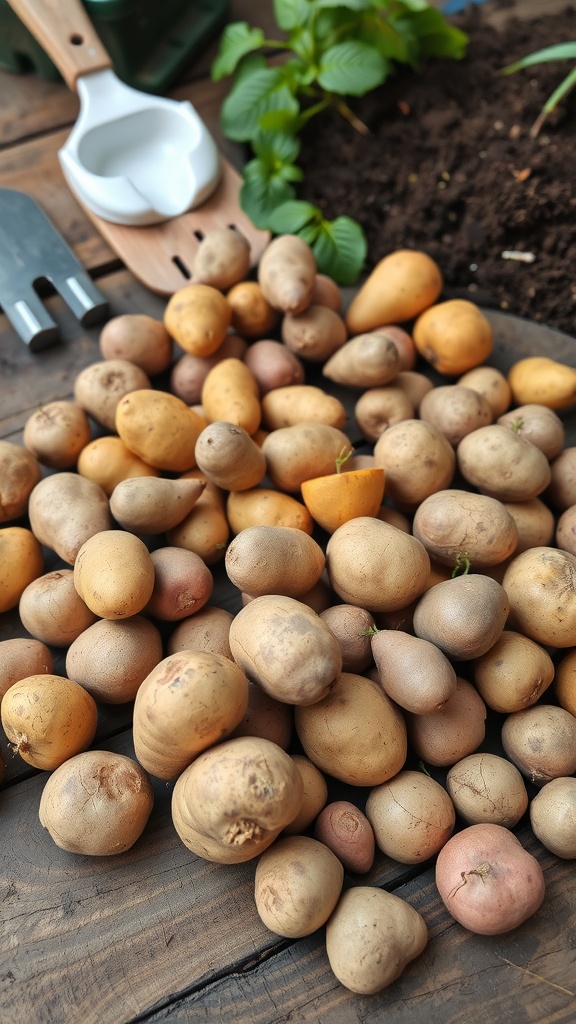 A variety of seed potatoes with some sprouting, ready for chitting, placed on a wooden surface.