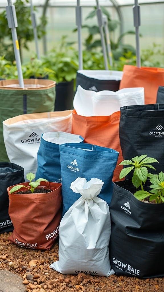 A variety of grow bags in different colors and sizes filled with plants, showcasing options for container gardening.