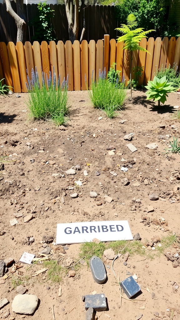 A garden area with low plants and a sign labeled 'GARRIBED' surrounded by rocks and a wooden fence.