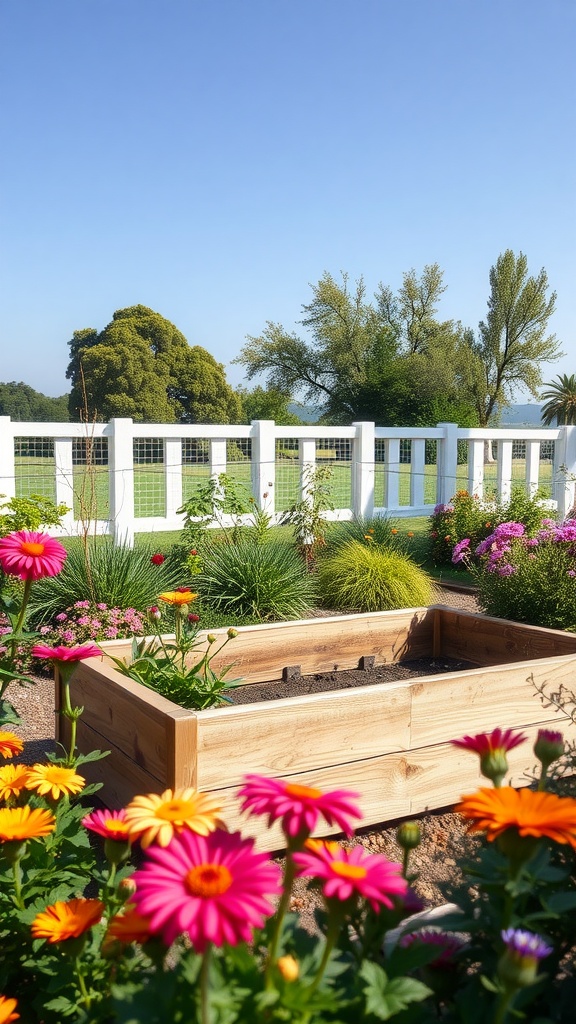 A raised garden bed surrounded by colorful flowers and greenery under a clear blue sky.